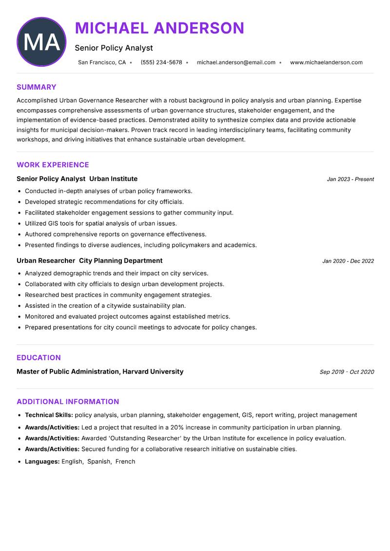 Urban Governance Researcher resume example — ATS-friendly template
