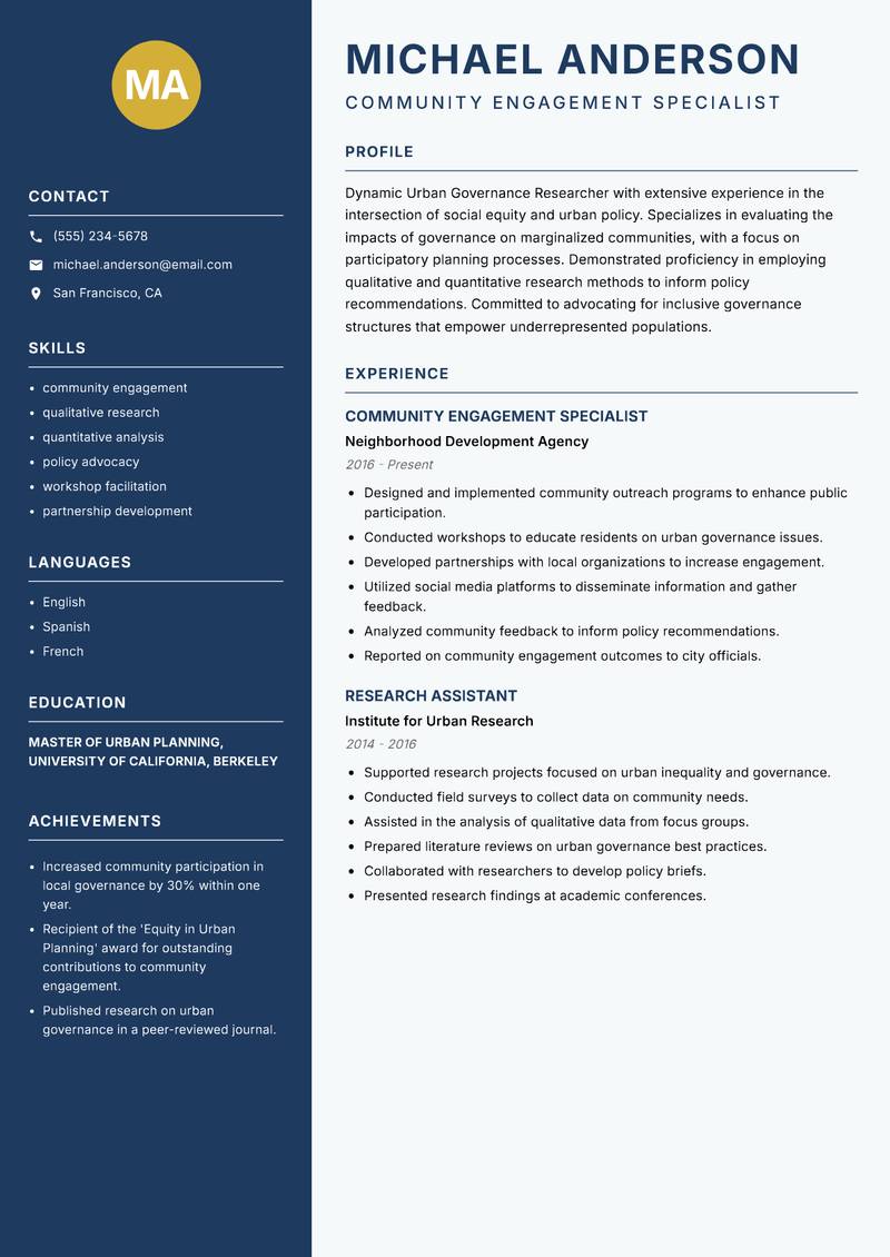 Urban Governance Researcher resume template — Classic Clean
