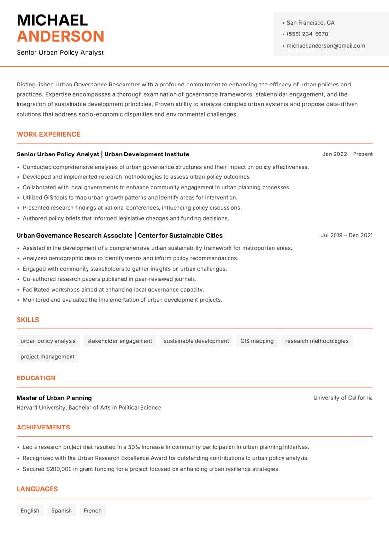 Urban Governance Researcher resume template — Modern Professional