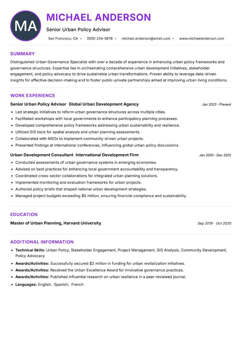 Urban Governance Specialist resume example — ATS-friendly template