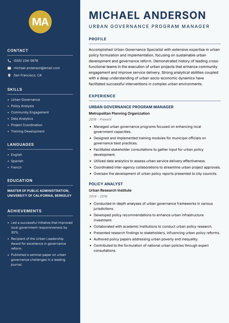 Urban Governance Specialist resume template — Classic Clean