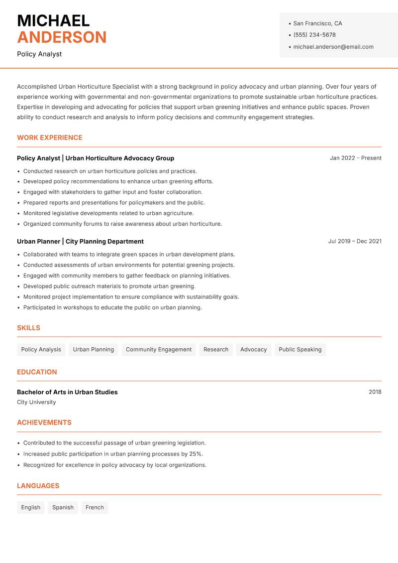 Urban Horticulture Specialist resume template — Modern Professional