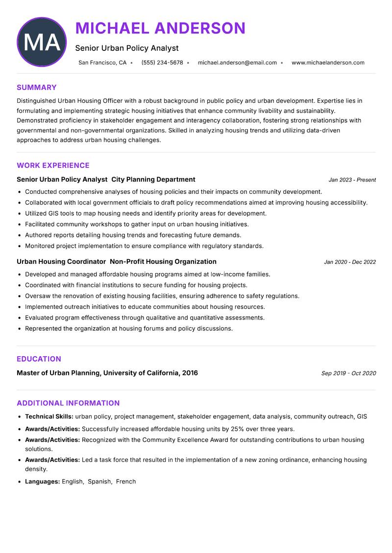 Urban Housing Officer resume example — ATS-friendly template