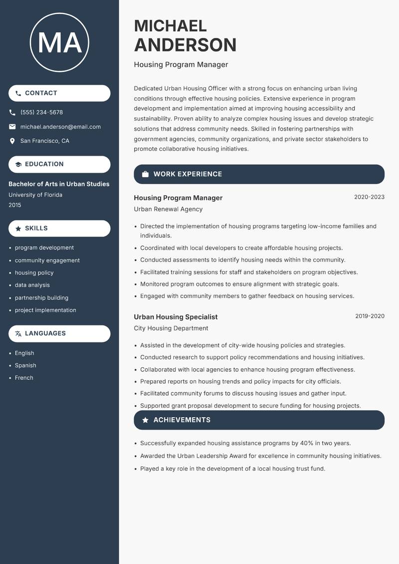 Urban Housing Officer resume template — Compact