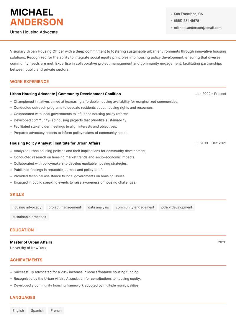 Urban Housing Officer resume template — Modern Professional