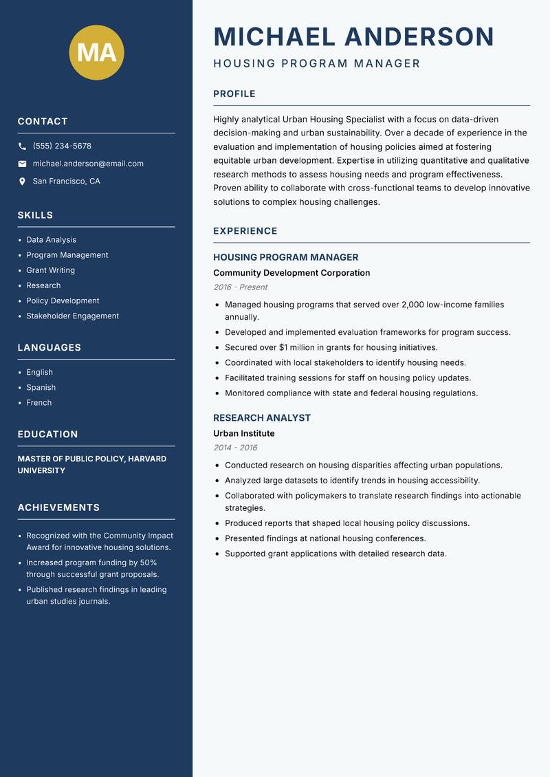Urban Housing Specialist resume template — Classic Clean