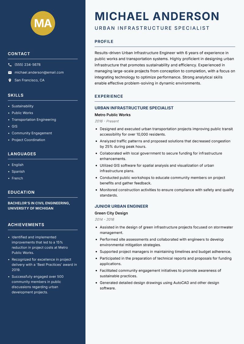 Urban Infrastructure Engineer resume template — Classic Clean