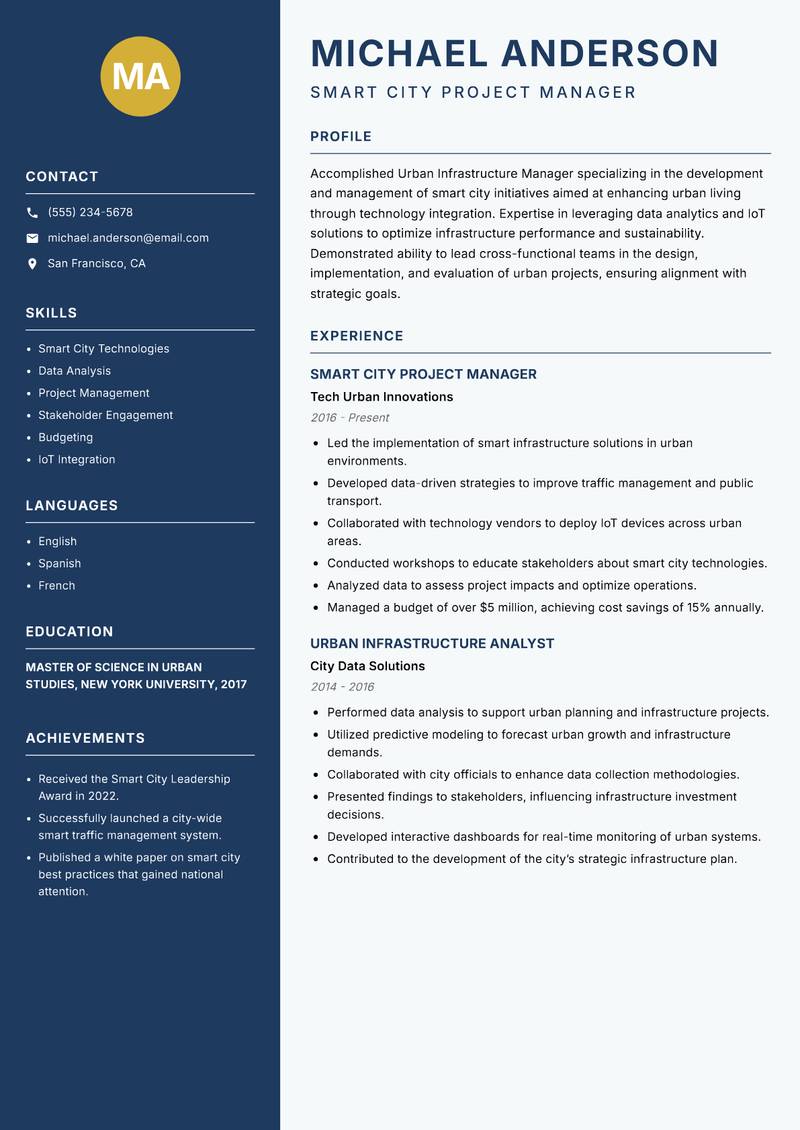 Urban Infrastructure Manager resume template — Classic Clean