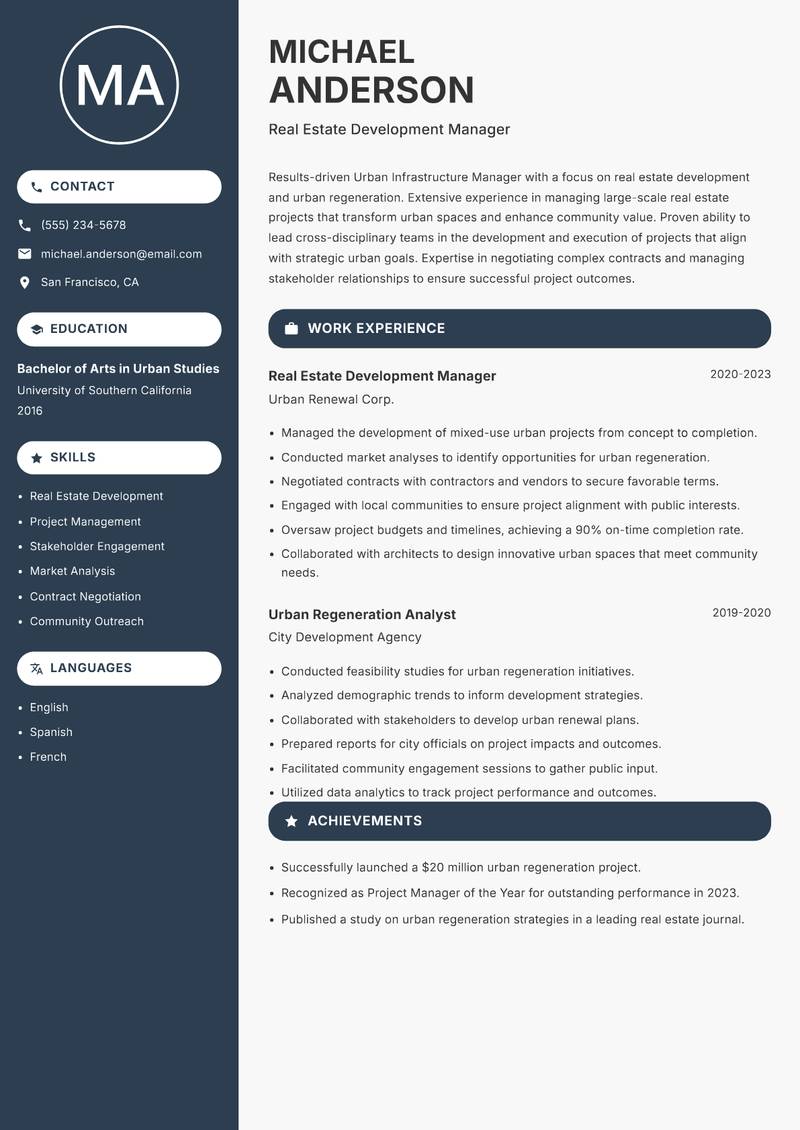 Urban Infrastructure Manager resume template — Compact
