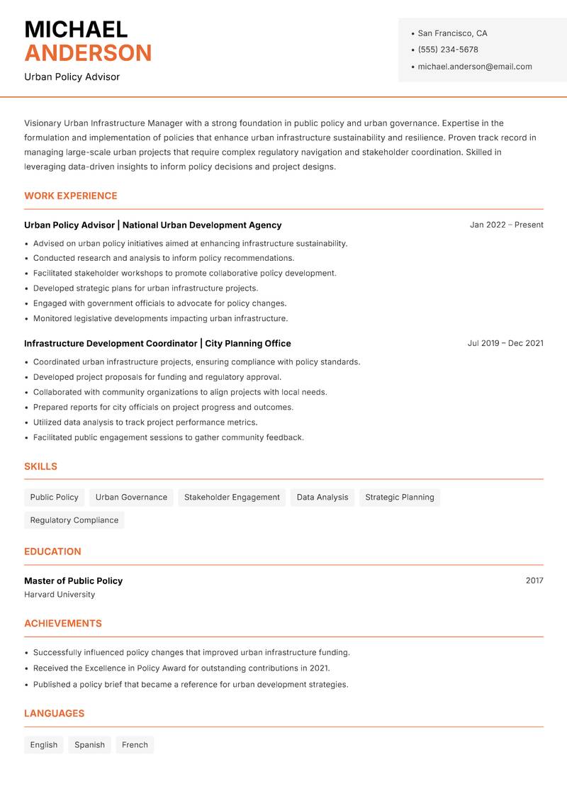 Urban Infrastructure Manager resume template — Modern Professional