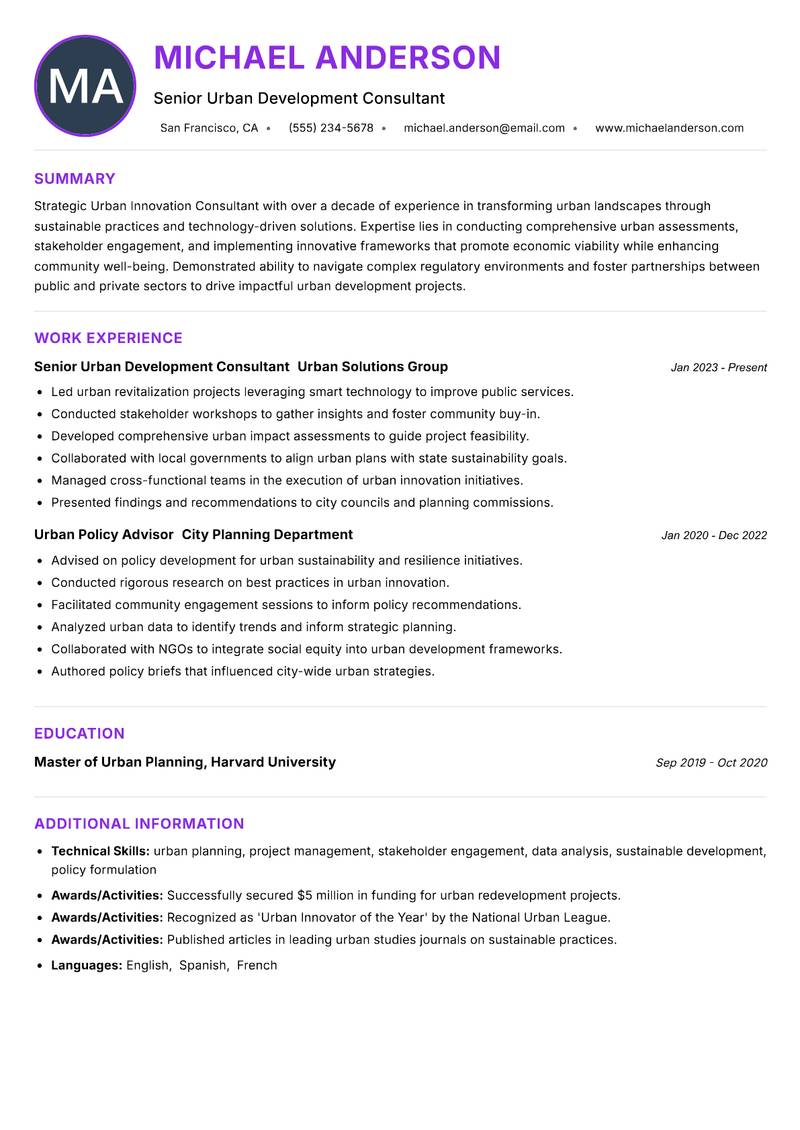 Urban Innovation Consultant resume example — ATS-friendly template