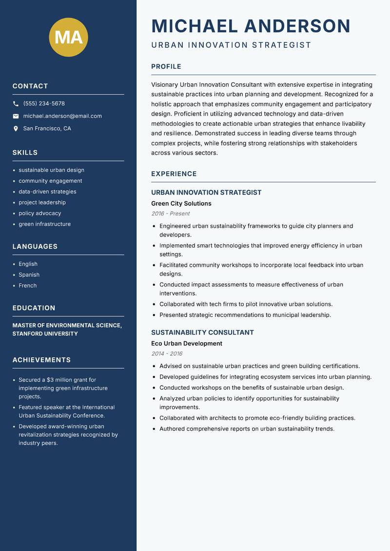 Urban Innovation Consultant resume template — Classic Clean