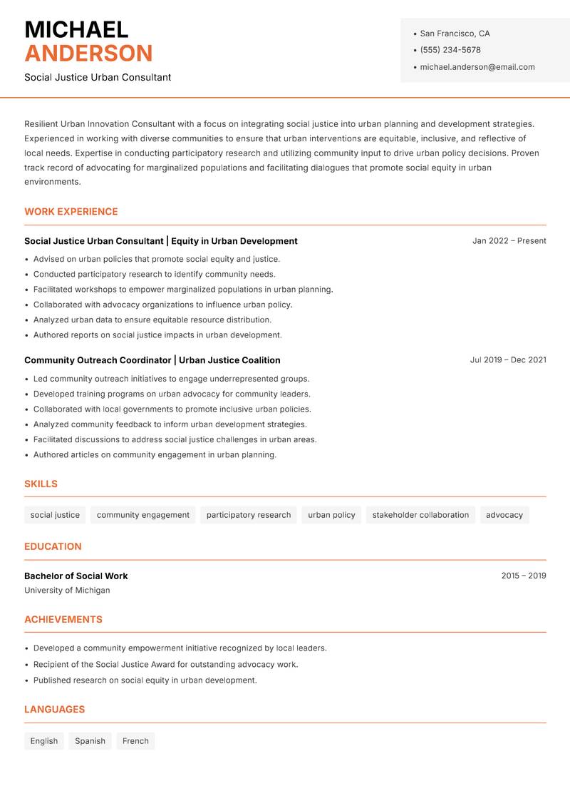 Urban Innovation Consultant resume template — Modern Professional