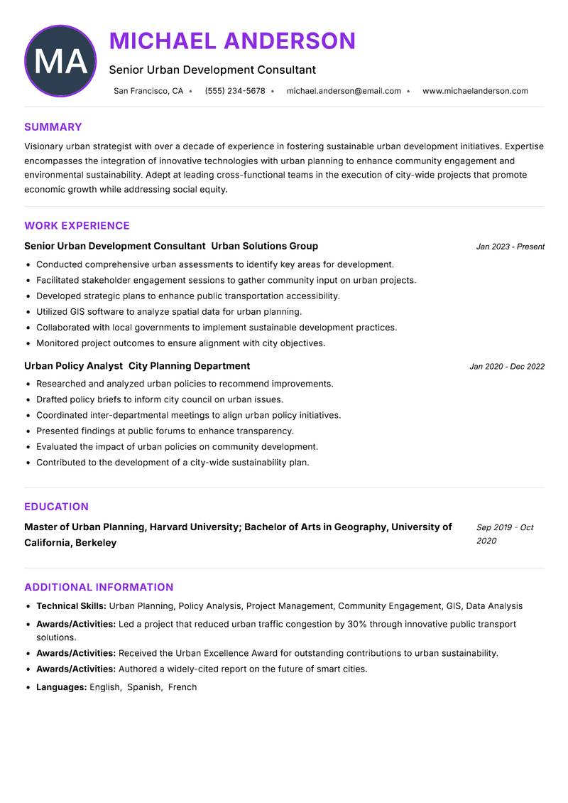 Urban Innovation Officer resume example — ATS-friendly template