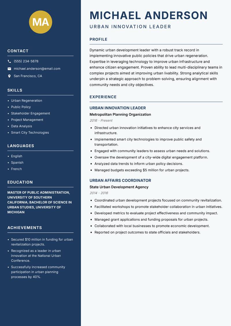 Urban Innovation Officer resume template — Classic Clean