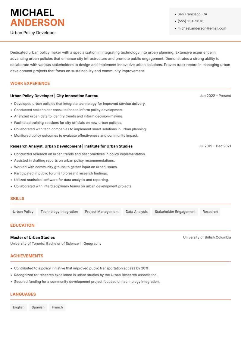 Urban Innovation Officer resume template — Modern Professional