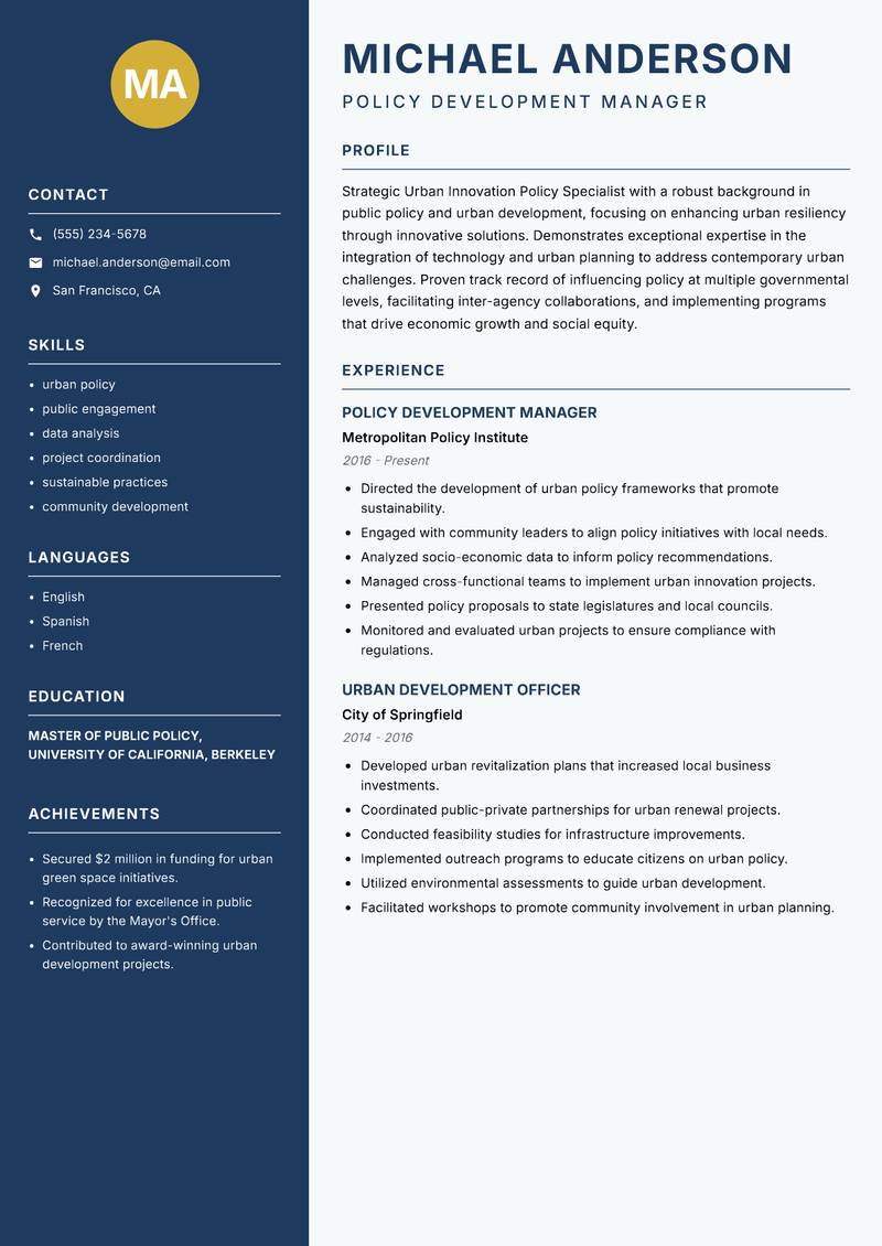 Urban Innovation Policy Specialist resume template — Classic Clean