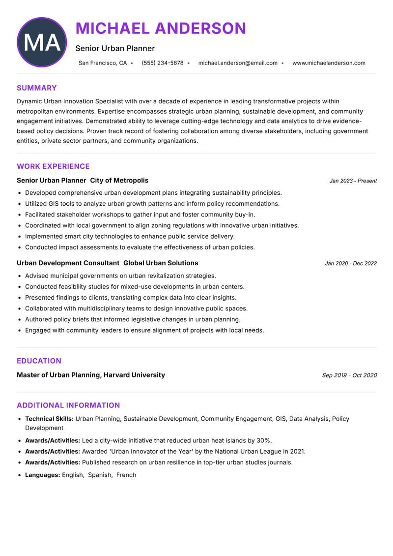 Urban Innovation Specialist resume example — ATS-friendly template