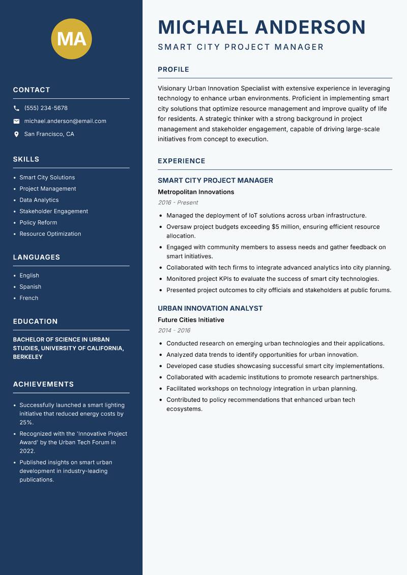 Urban Innovation Specialist resume template — Classic Clean