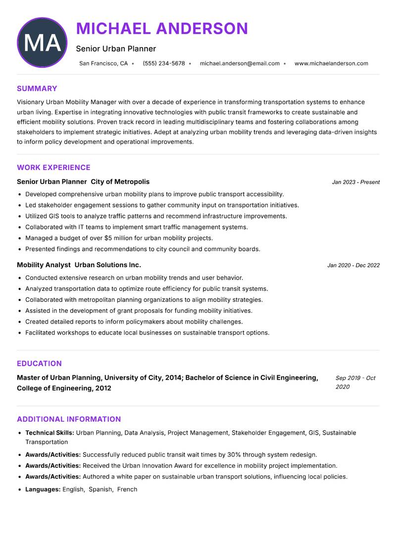 Urban Mobility Manager resume example — ATS-friendly template