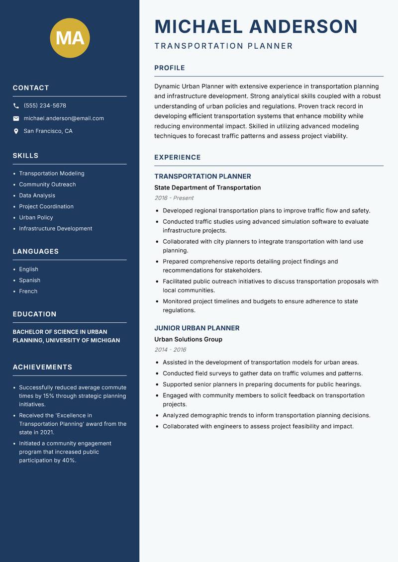 Urban Planner resume template — Classic Clean