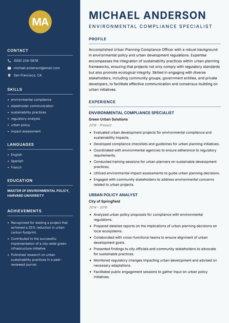 Urban Planning Compliance Officer resume template — Classic Clean