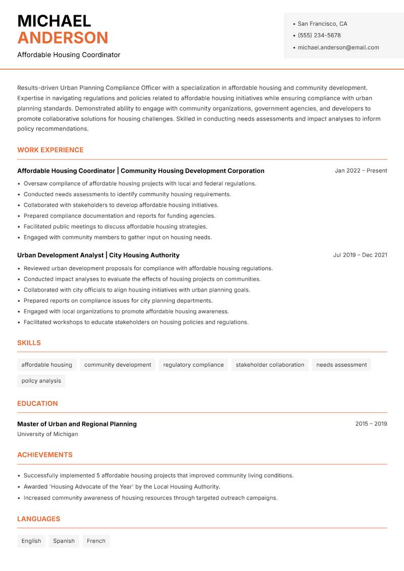 Urban Planning Compliance Officer resume template — Modern Professional