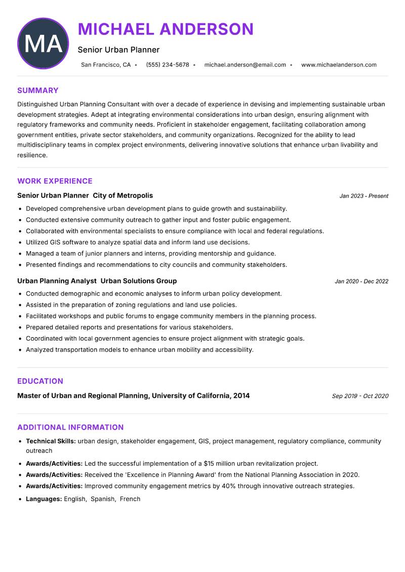 Urban Planning Consultant resume example — ATS-friendly template