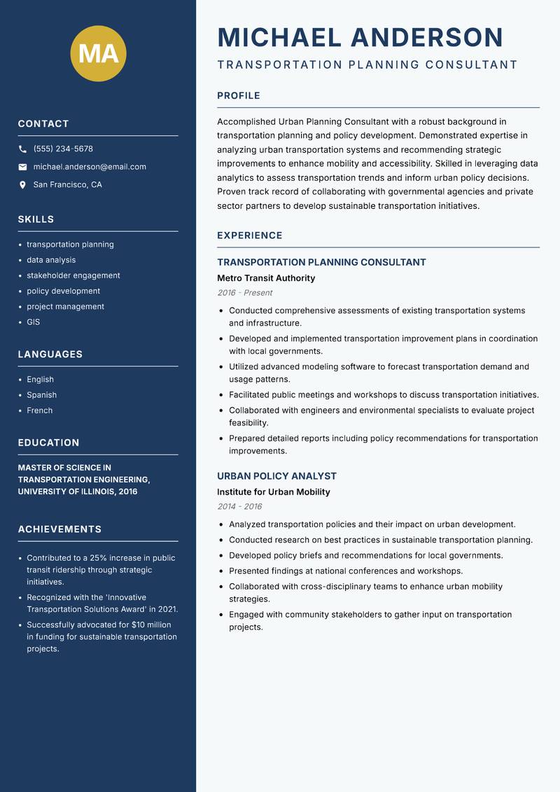 Urban Planning Consultant resume template — Classic Clean