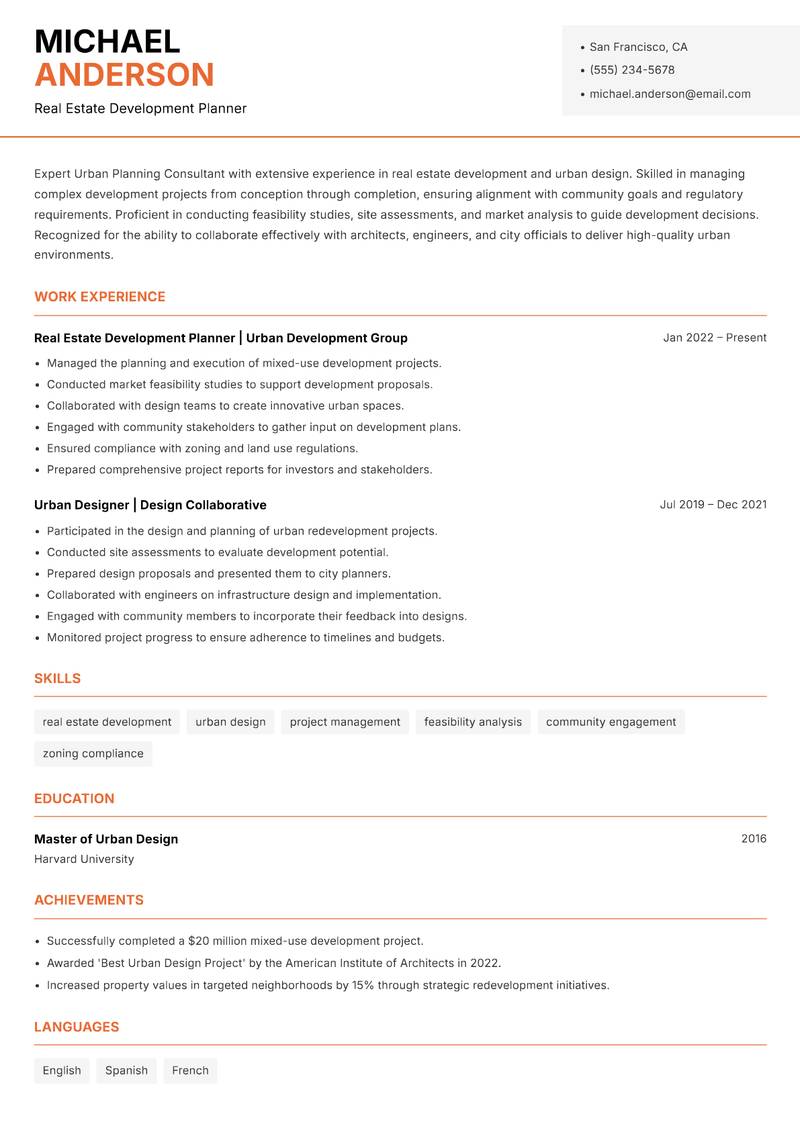 Urban Planning Consultant resume template — Modern Professional