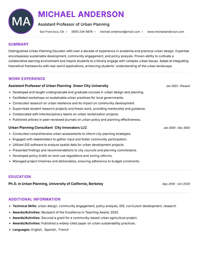 Urban Planning Educator resume example — ATS-friendly template