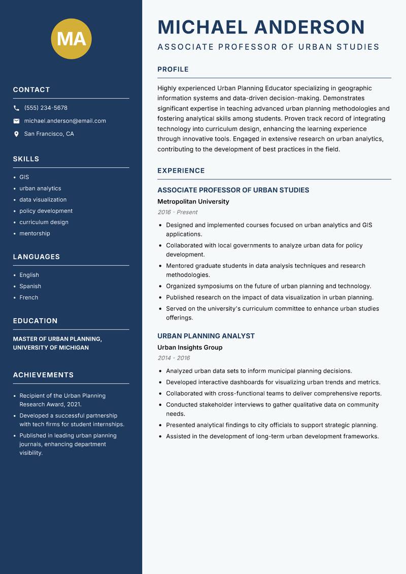 Urban Planning Educator resume template — Classic Clean