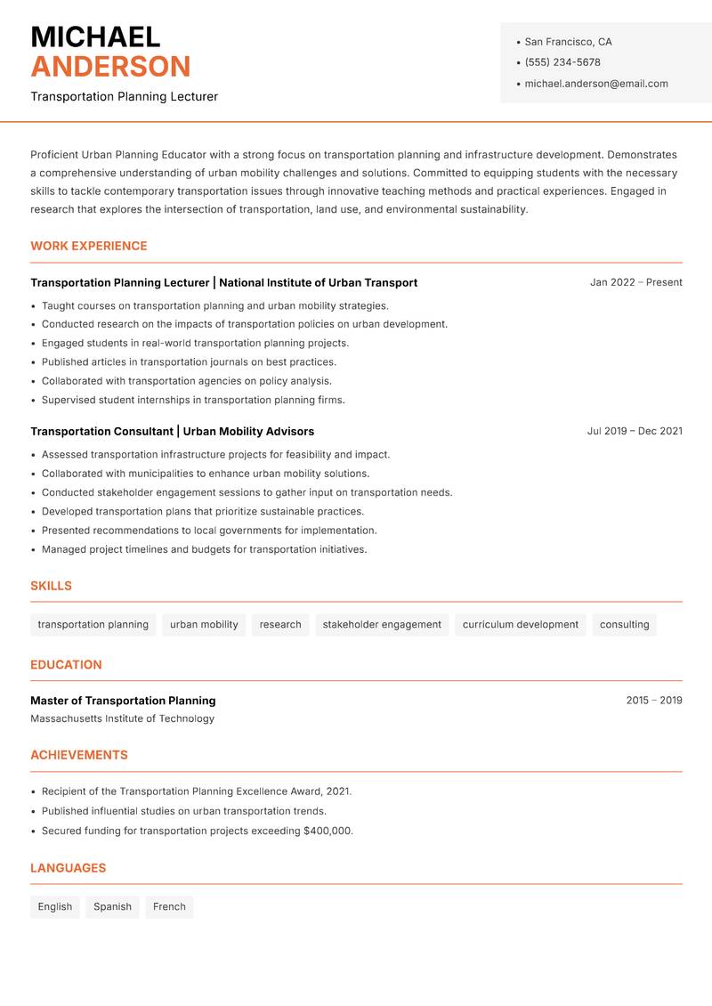 Urban Planning Educator resume template — Modern Professional