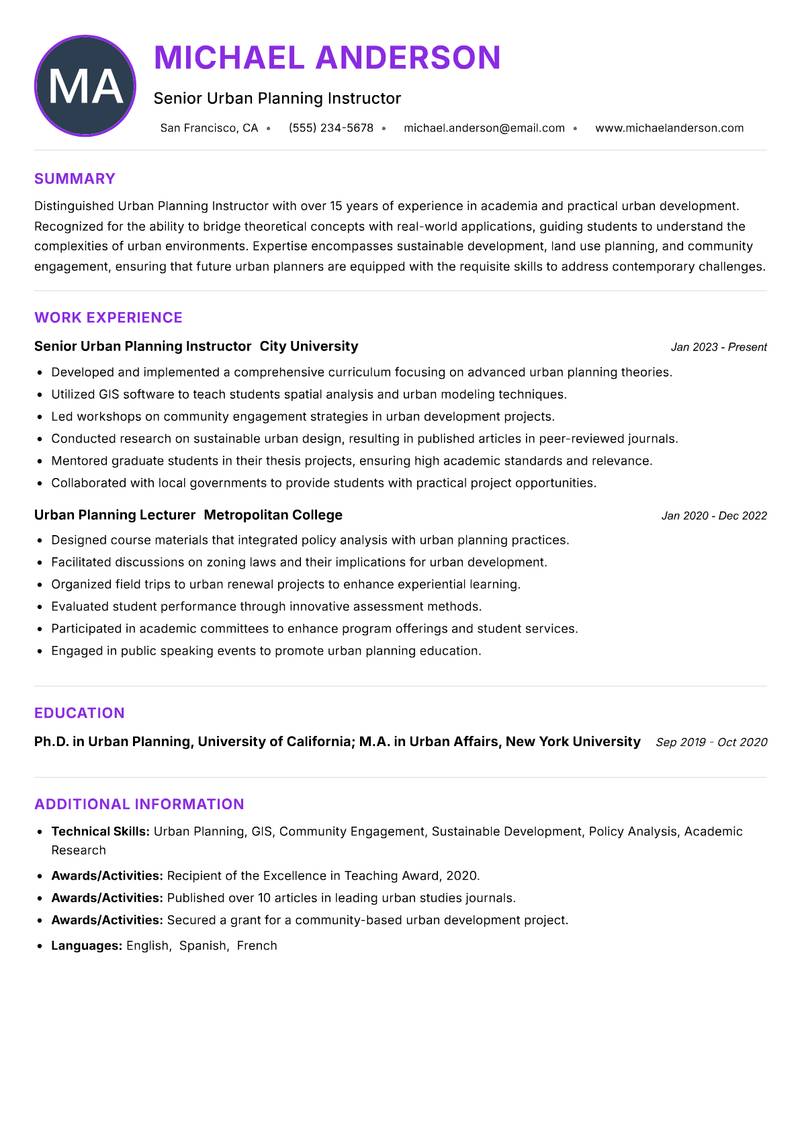 Urban Planning Instructor resume example — ATS-friendly template