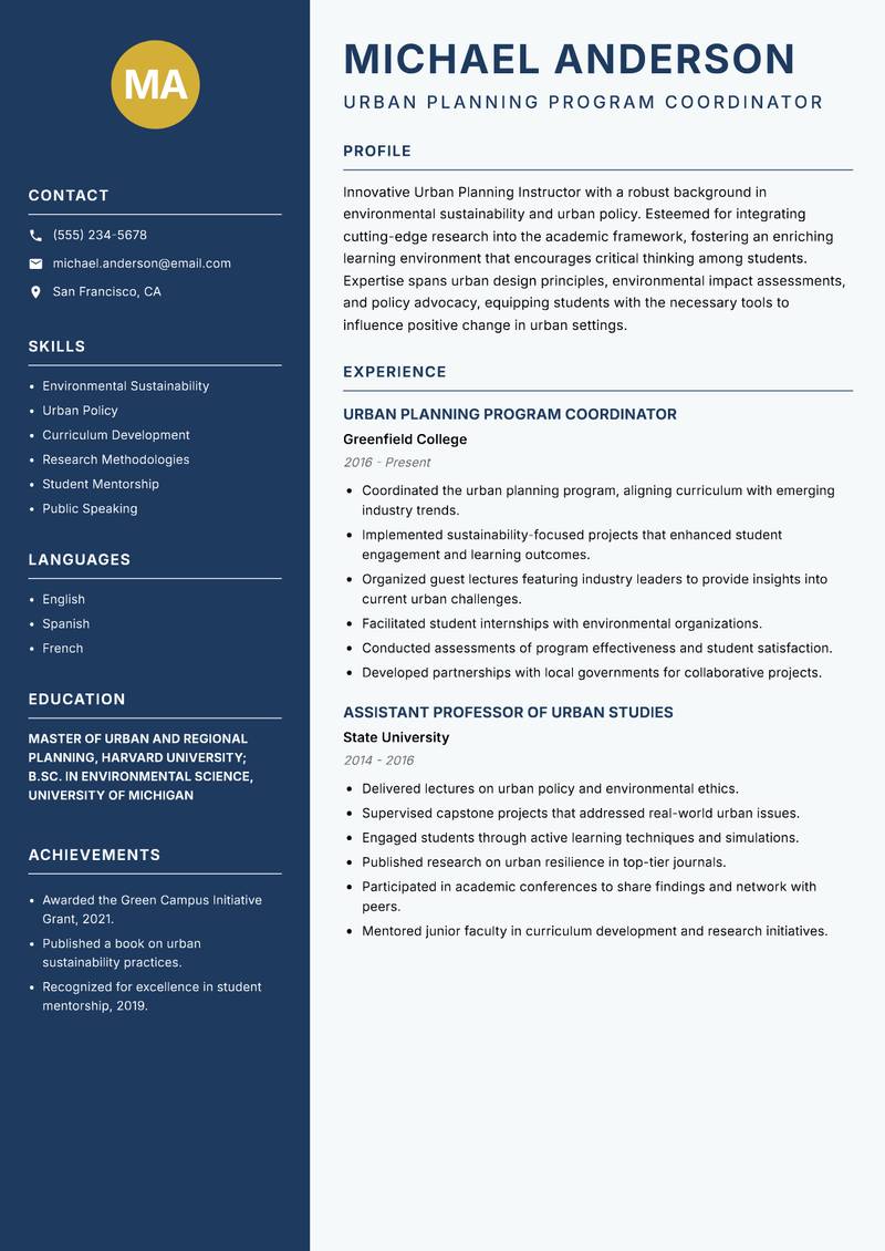 Urban Planning Instructor resume template — Classic Clean