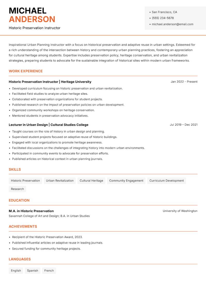 Urban Planning Instructor resume template — Modern Professional