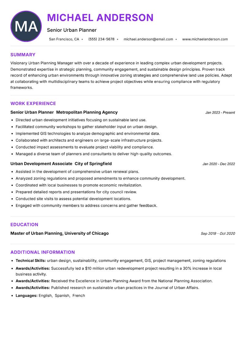 Urban Planning Manager resume example — ATS-friendly template