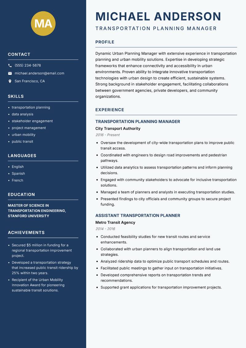 Urban Planning Manager resume template — Classic Clean