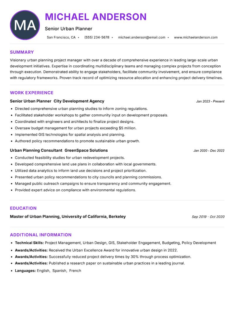 Urban Planning Project Manager resume example — ATS-friendly template