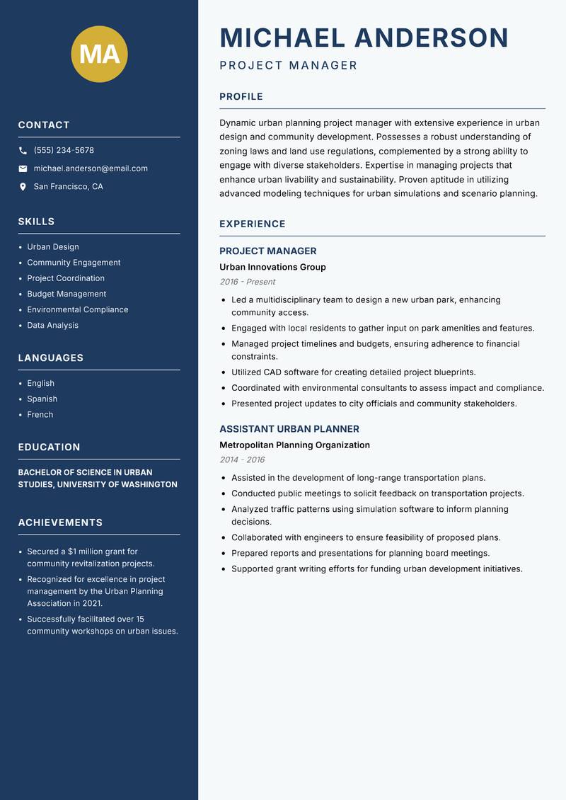 Urban Planning Project Manager resume template — Classic Clean