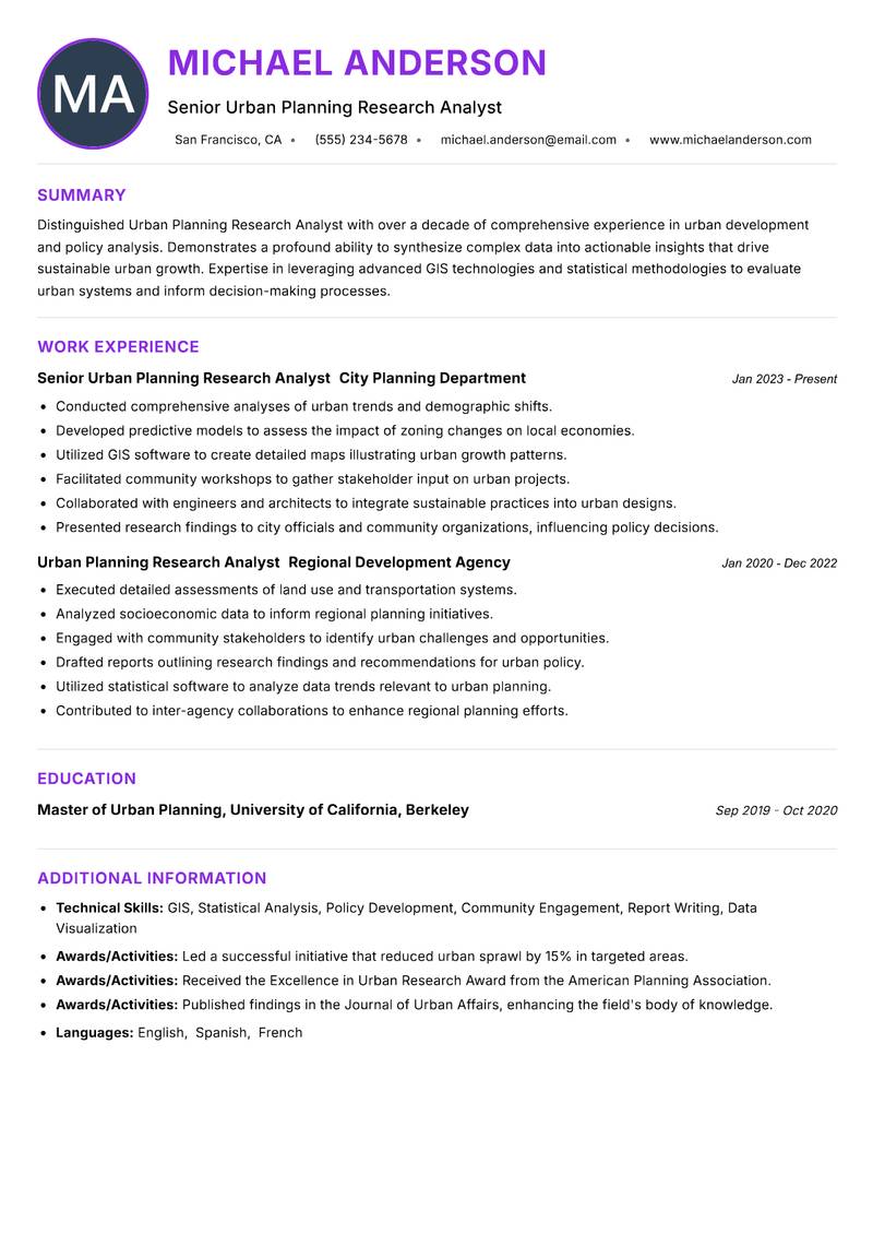 Urban Planning Research Analyst resume example — ATS-friendly template