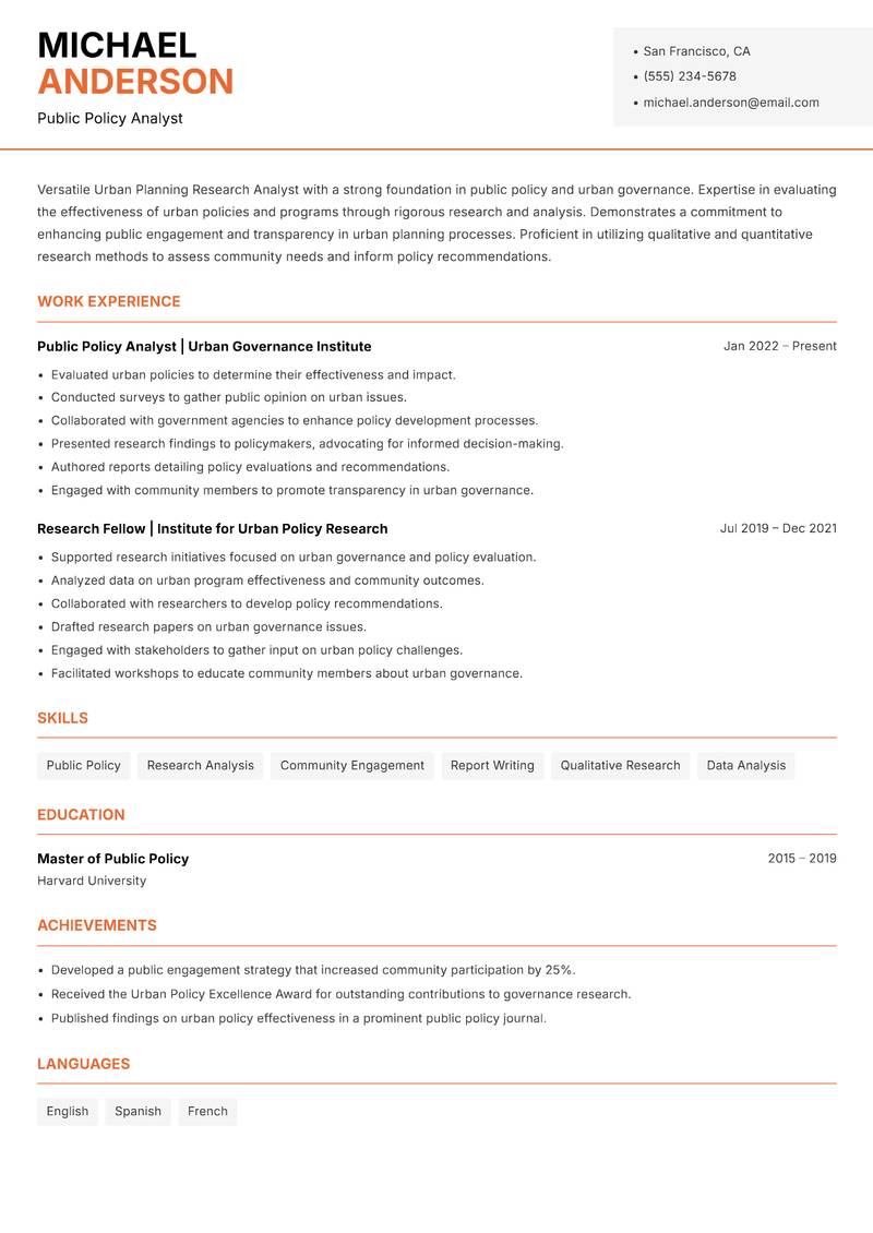 Urban Planning Research Analyst resume template — Modern Professional