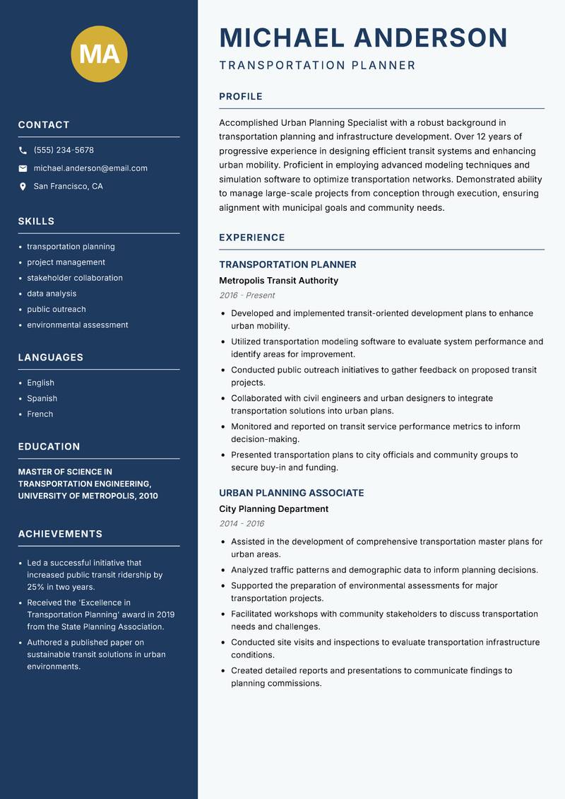 Urban Planning Specialist resume template — Classic Clean