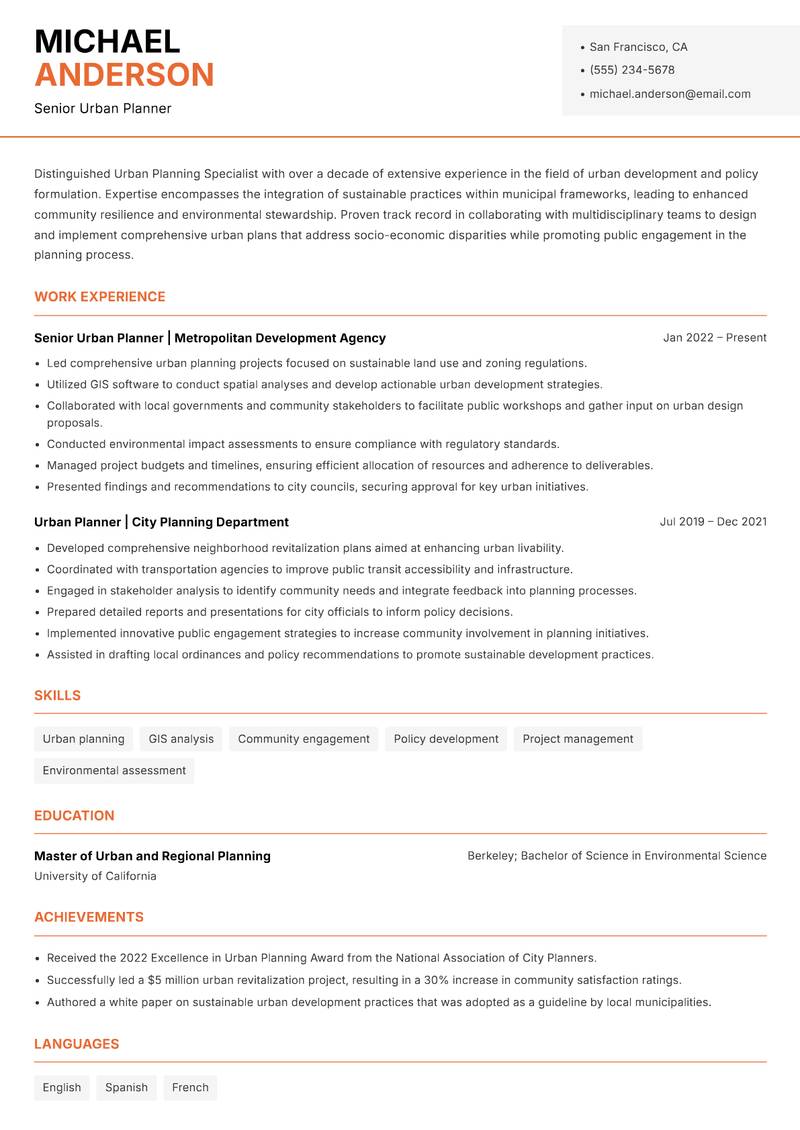 Urban Planning Specialist resume template — Modern Professional