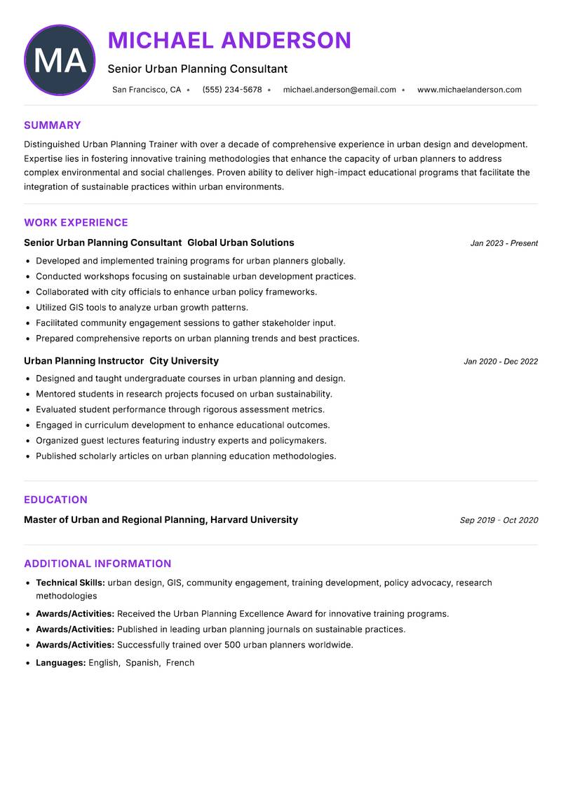 Urban Planning Trainer resume example — ATS-friendly template