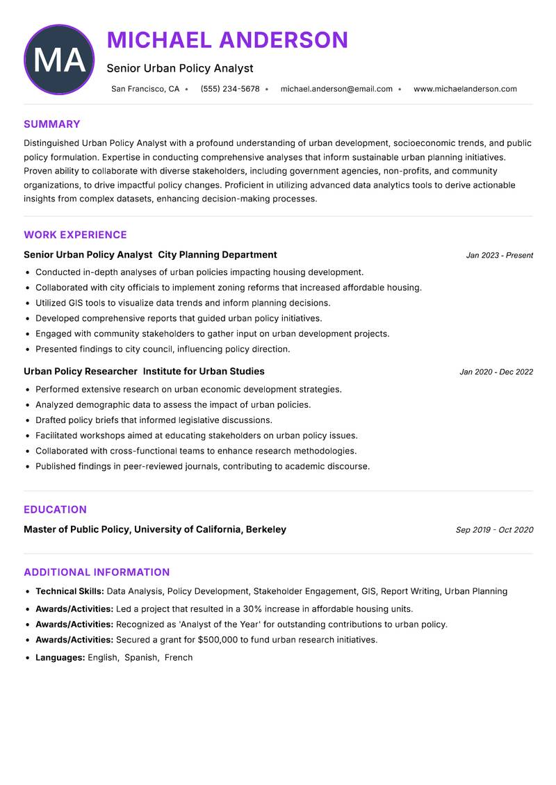 Urban Policy Analyst resume example — ATS-friendly template