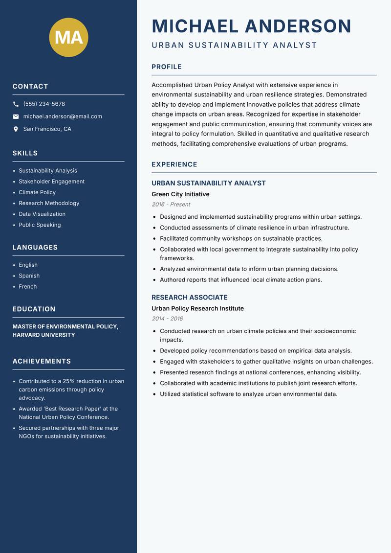 Urban Policy Analyst resume template — Classic Clean