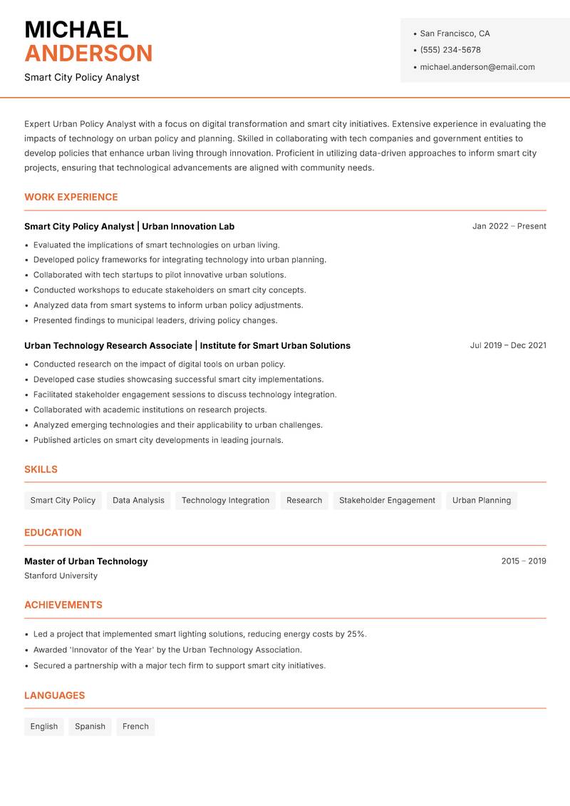 Urban Policy Analyst resume template — Modern Professional