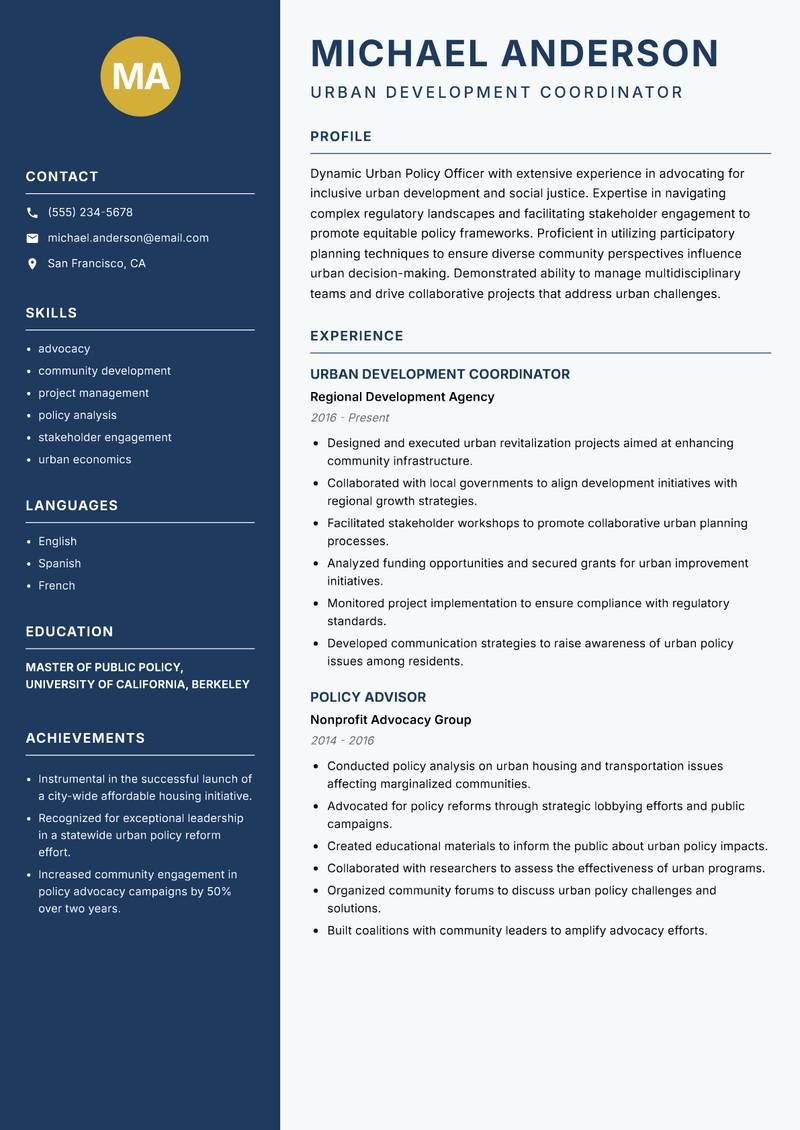 Urban Policy Officer resume template — Classic Clean