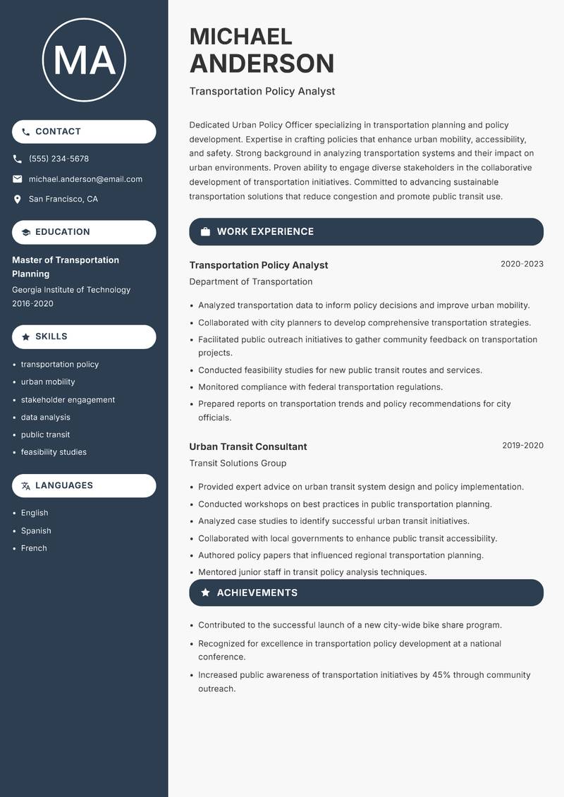 Urban Policy Officer resume template — Compact